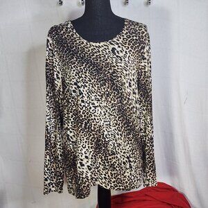 Chico's Brown Animal Print Long Sleeve Rayon Span Scoop Top Chico Sz 3 US XL 16